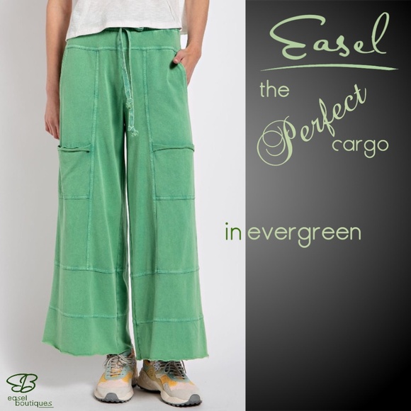 EASEL Pants - EASEL "Perfect Cargo" Terry Knit Mineral Washed Flared Leg Pants Raw Seams, Hems